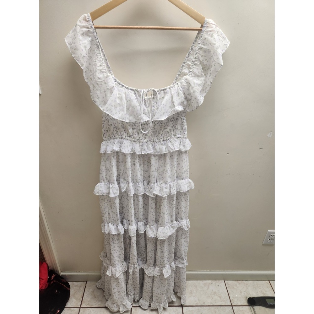 MABLE White Purple Floral Ruffle‎ Tiered Maxi Dress Smocked Cottagecore Medium